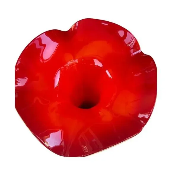 Murano Style Art Glass Vase Red White GreenHand Blown Ruffled Mid Century